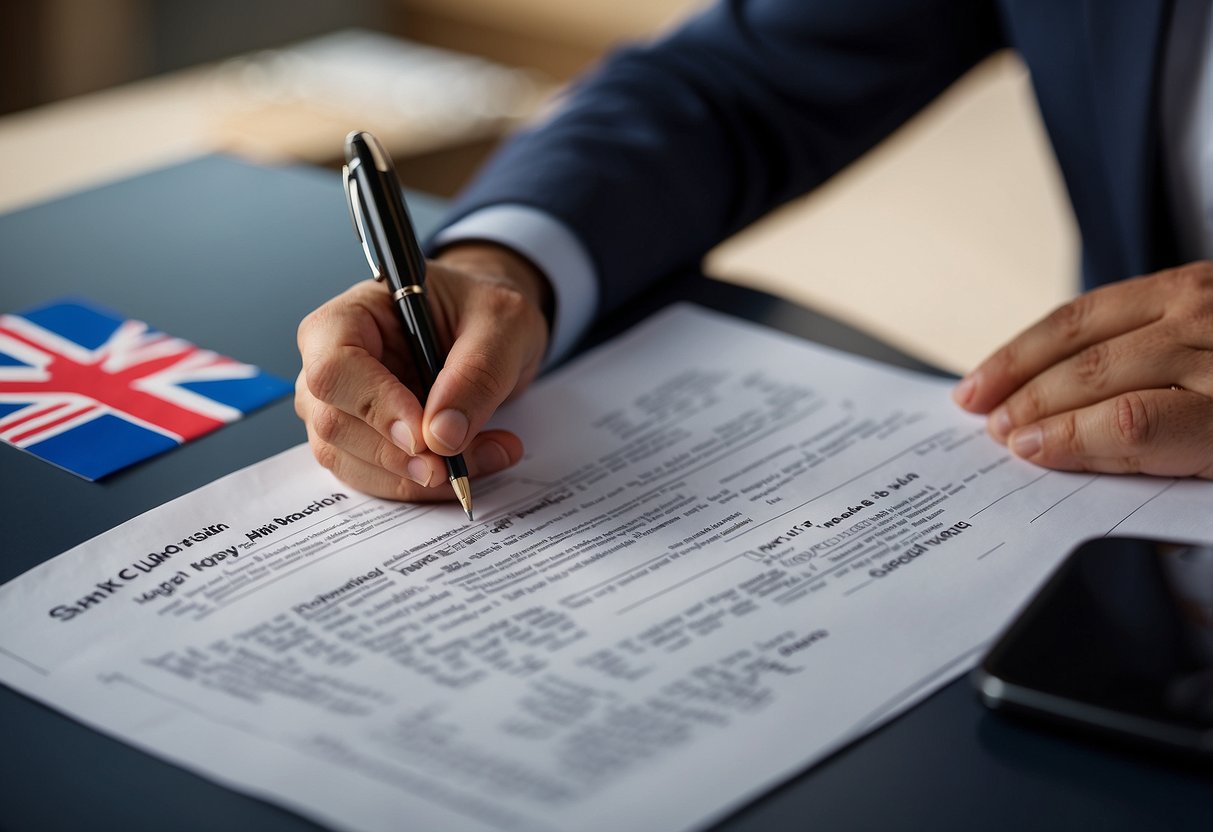A person signs paperwork at a desk with a UK flag in the background, while a bank representative explains mortgage terms