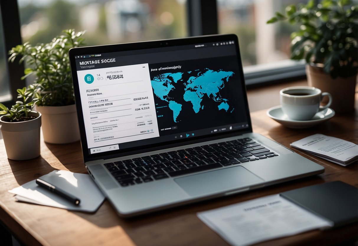 A laptop displaying mortgage options for expats, with a globe and documents nearby