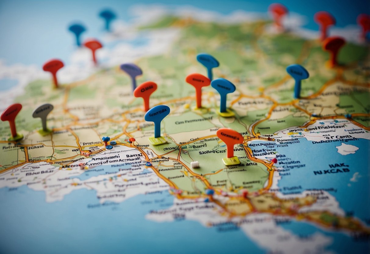 A map of the UK with various mortgage options highlighted, surrounded by symbols representing potential risks and challenges