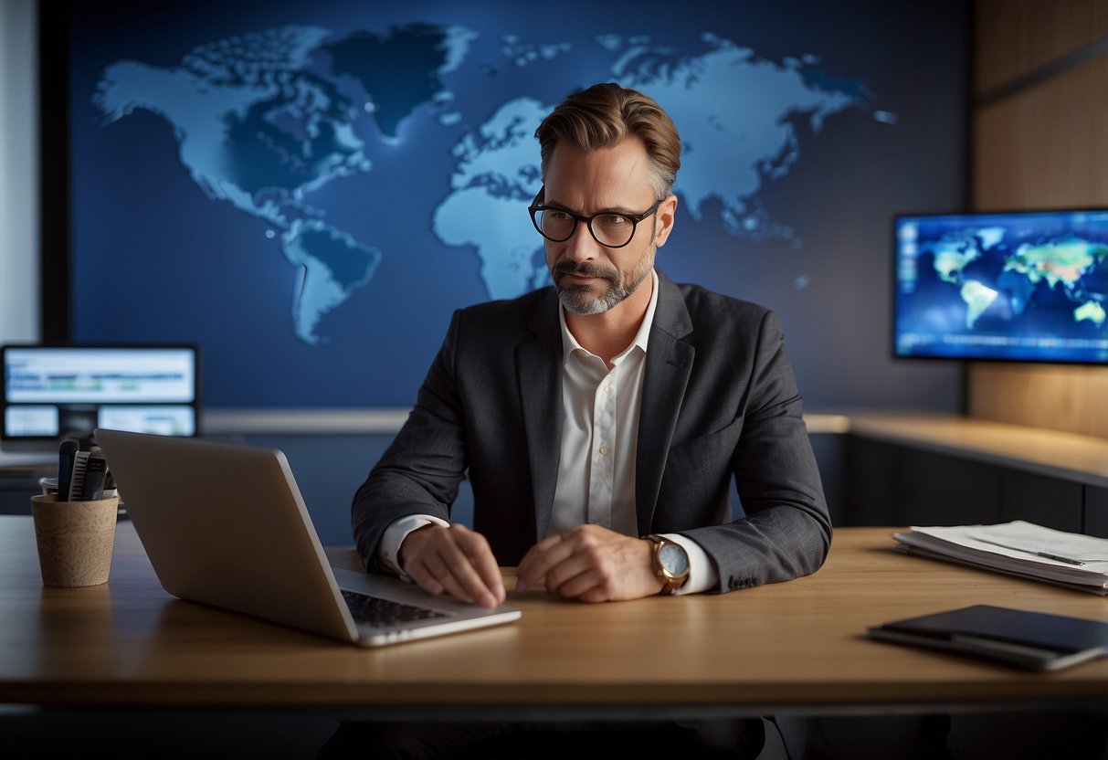 An expat researching mortgage options at a desk with a laptop, paperwork, and a globe. A bank logo is visible on the laptop screen