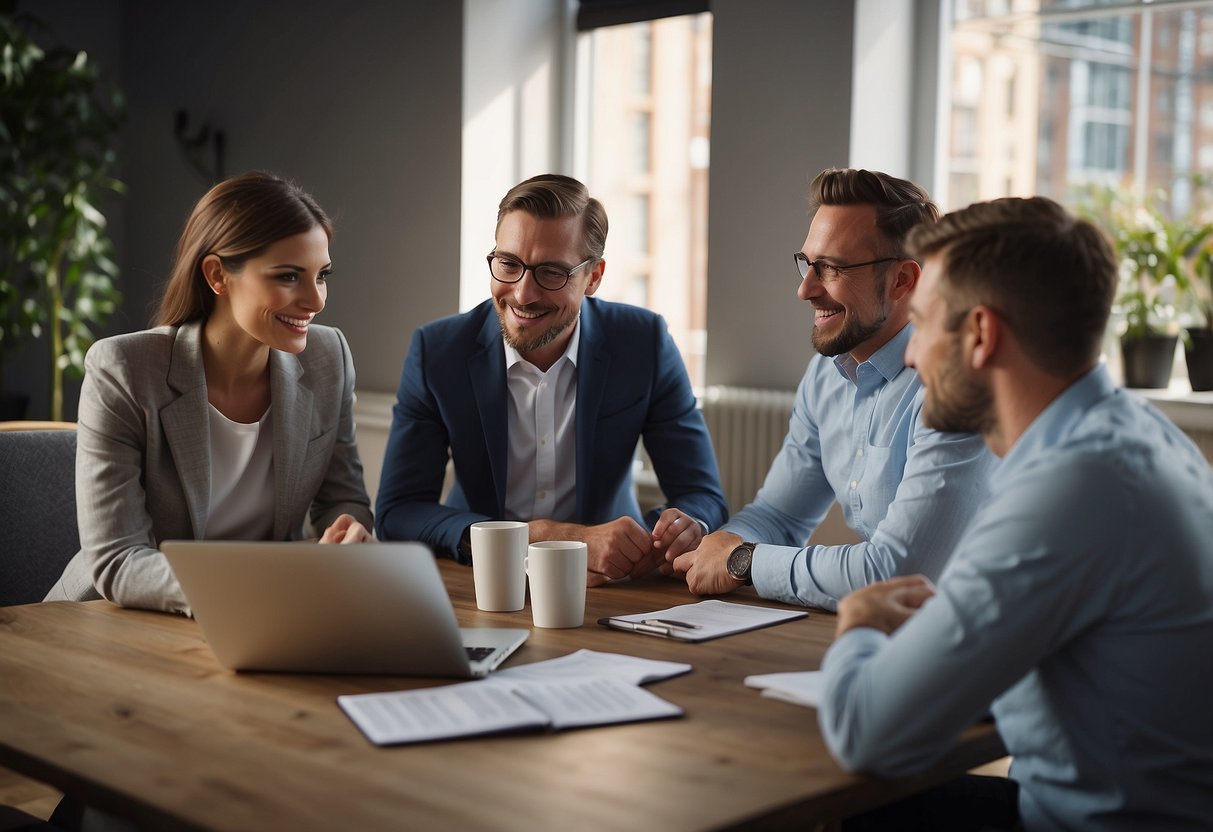 A diverse group of expats research UK mortgage options, discussing various loan terms and interest rates
