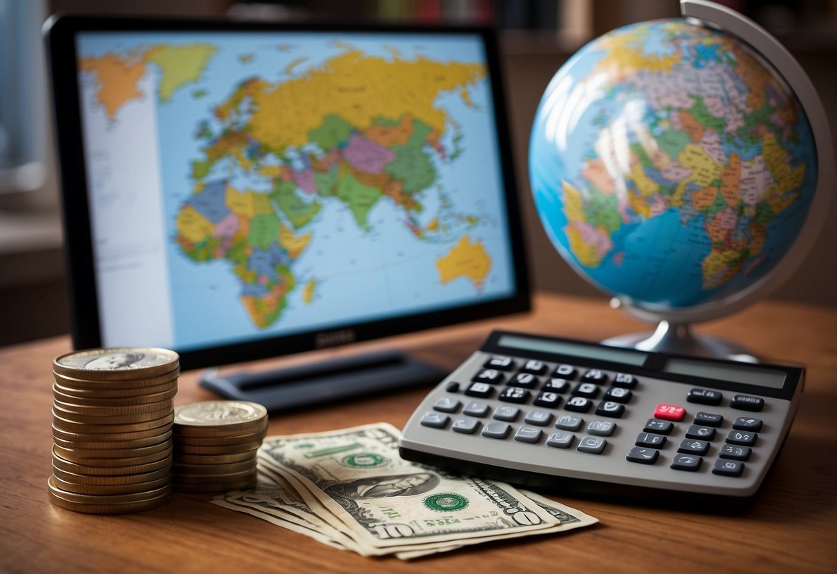 A stack of British pounds and a pile of foreign currency sit on a desk, with a globe and a calculator nearby. A graph showing exchange rates is displayed on a computer screen