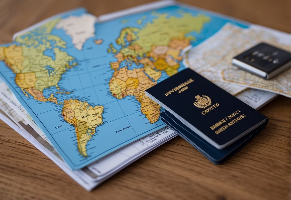 A stack of credit card statements and a passport on a table, with a globe and a map of the UK in the background