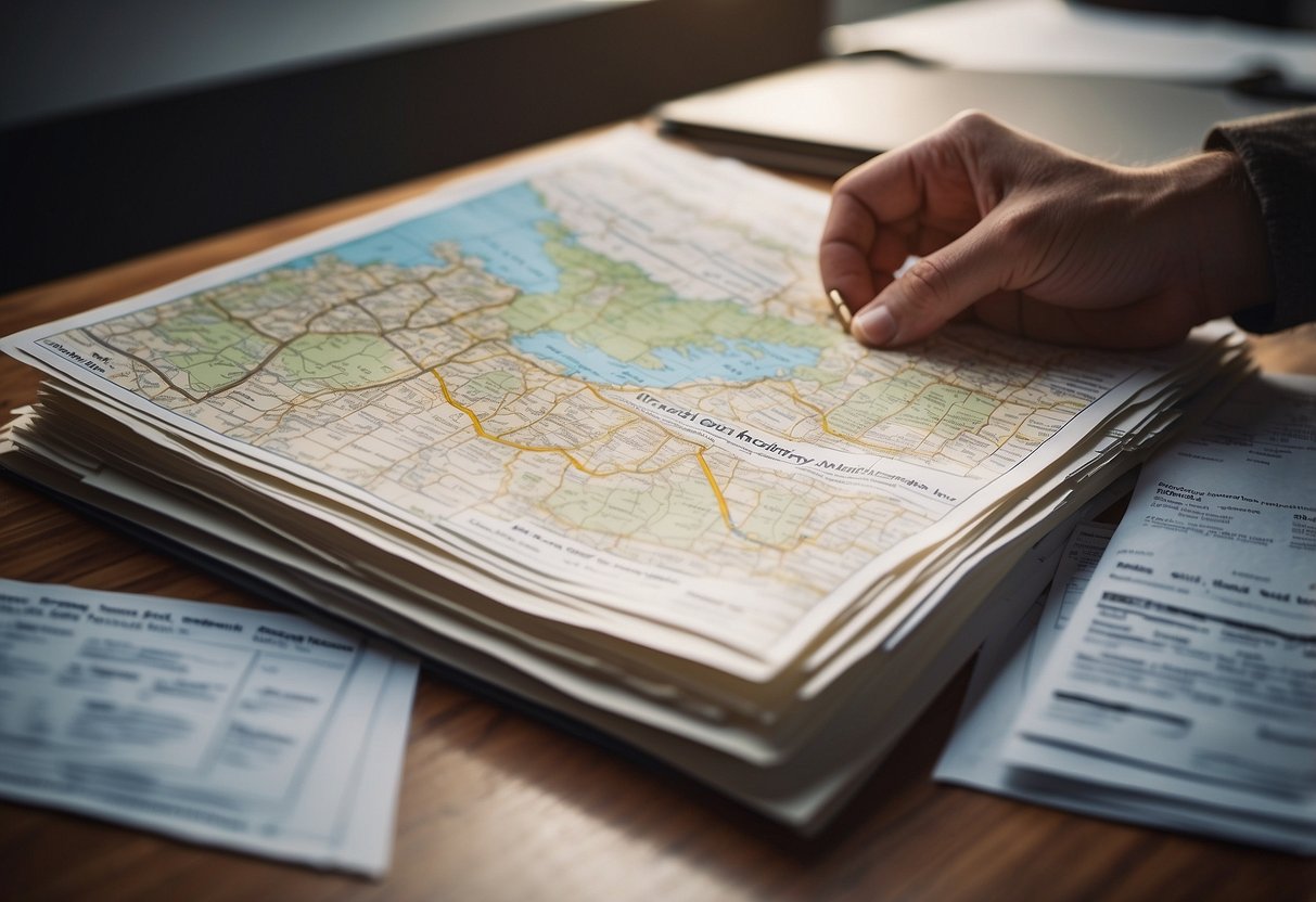 A stack of credit history documents being transferred from one location to another, with a map of the UK in the background