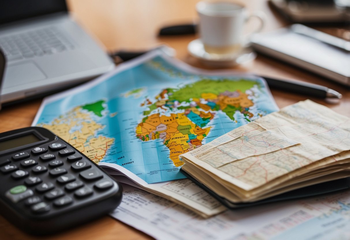 A stack of credit reports from different countries, a globe, and a passport on a desk. A map of the UK is prominently displayed in the background