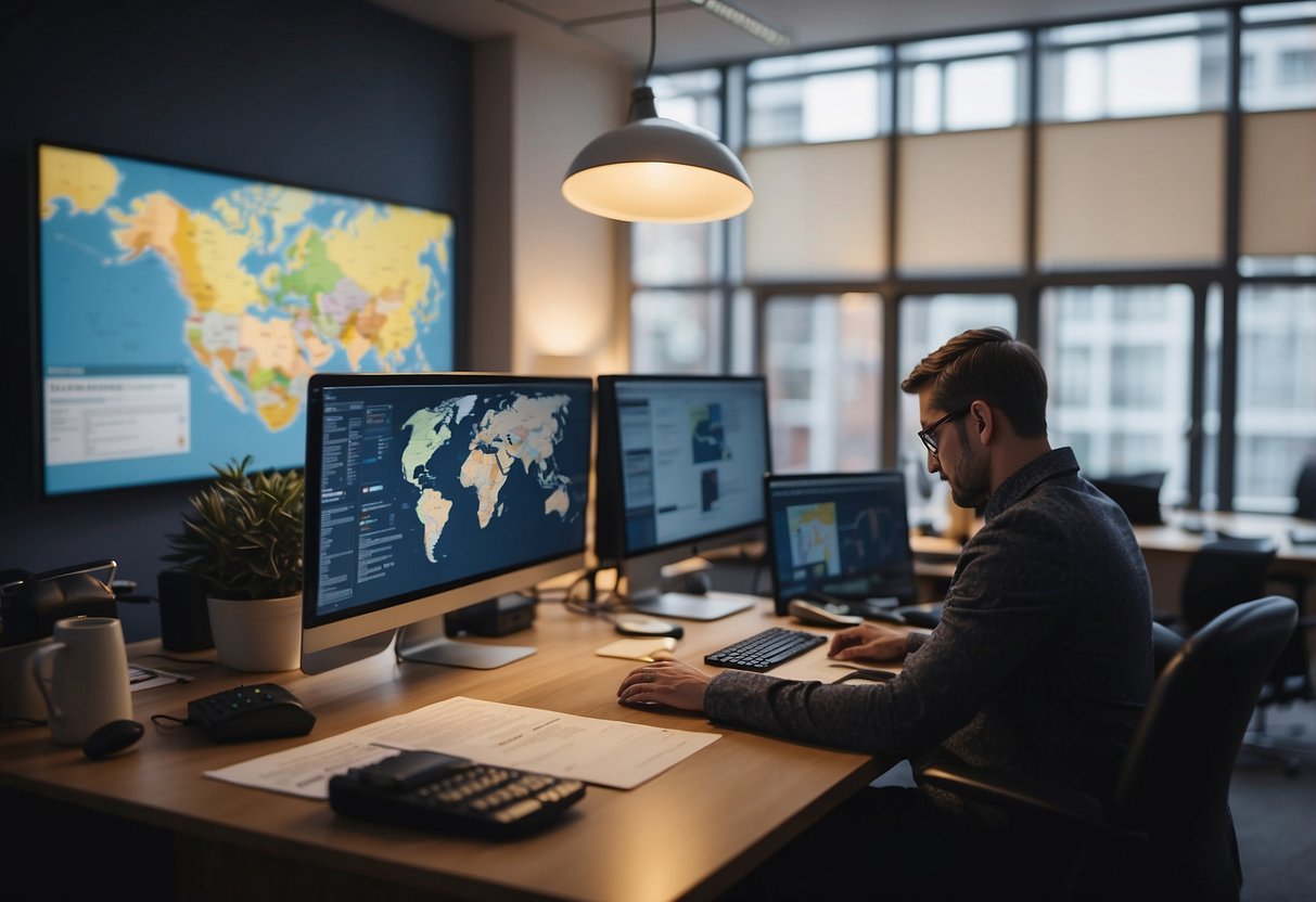 A person at a desk with a laptop, filling out paperwork and making phone calls. A map of the world on the wall, highlighting the UK