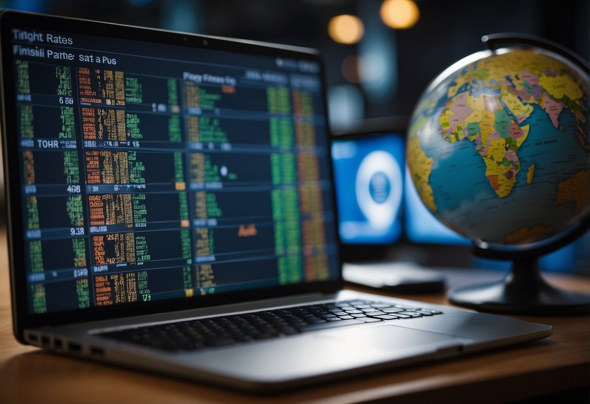 A computer screen displays currency exchange rates and a globe symbolizing international payments for UK property purchases