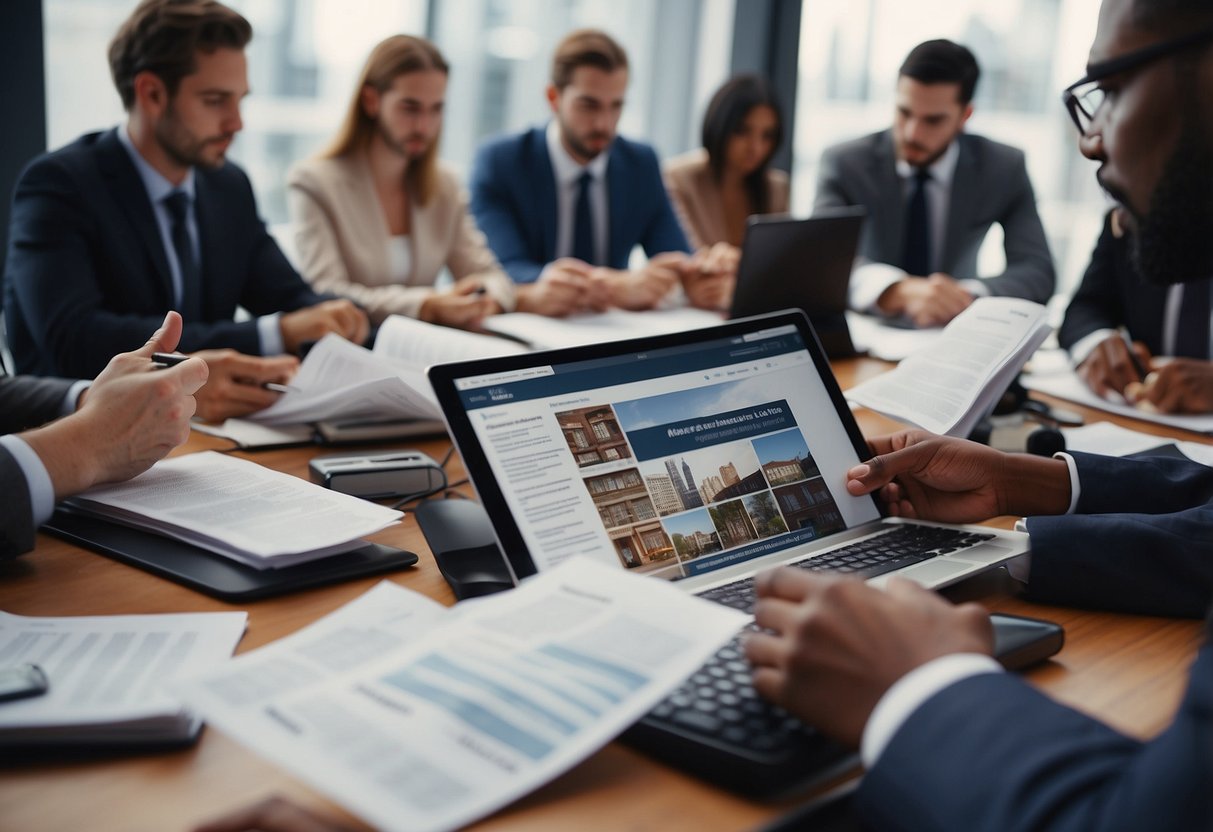 A group of diverse individuals research property laws in a bustling UK market, surrounded by legal documents and real estate listings