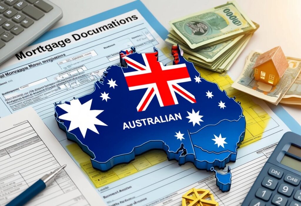 A map of the UK with Australian flag and currency, surrounded by mortgage documents and regulations