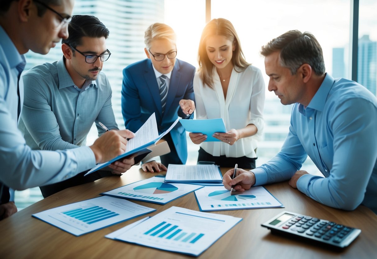 A group of Australian investors studying documents and charts related to UK property investments, with tax forms and calculators on the table