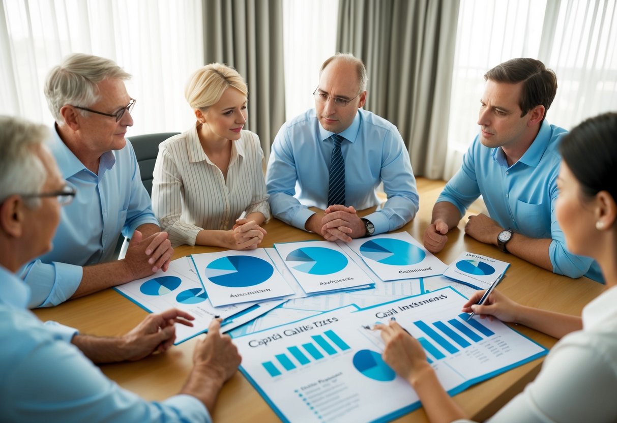 A group of Australian residents are gathered around a table, discussing UK property investments. Charts and graphs are spread out, showing capital gains tax implications
