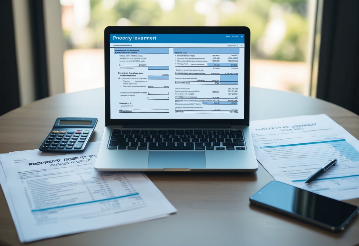 A table with financial documents, a calculator, and a laptop displaying tax forms and property investment data