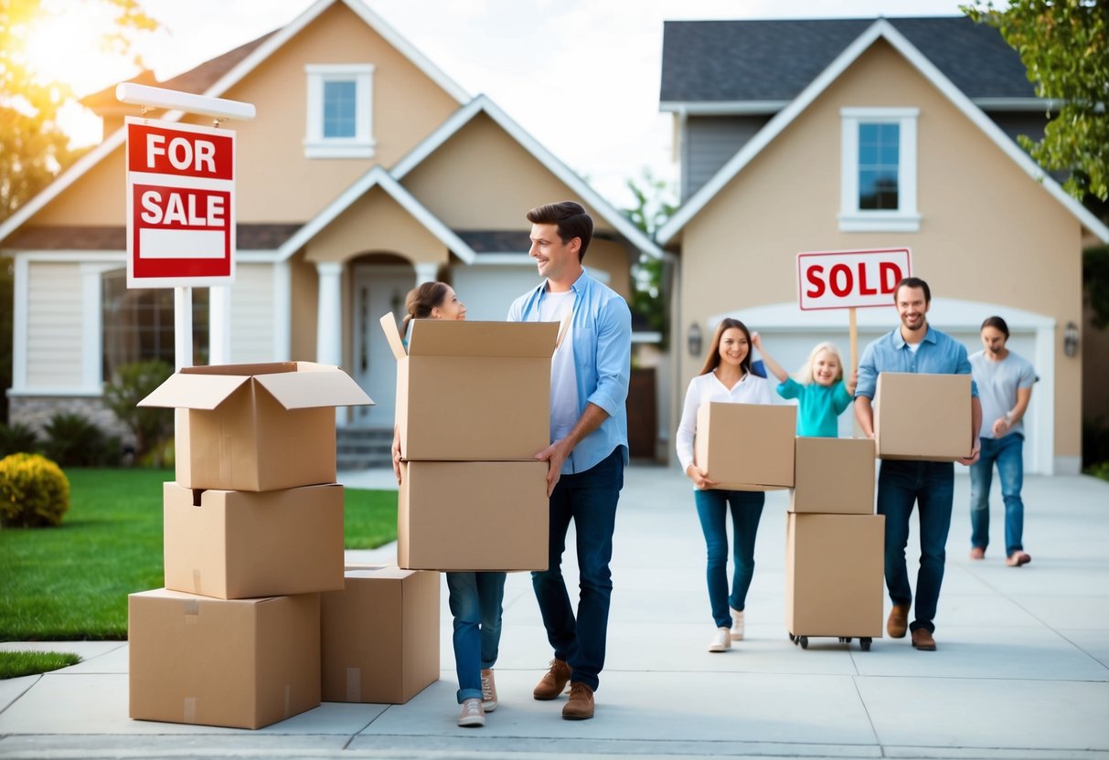 A family packing boxes, leaving a home with a "For Sale" sign, while another family moves into a new house with a "Sold" sign