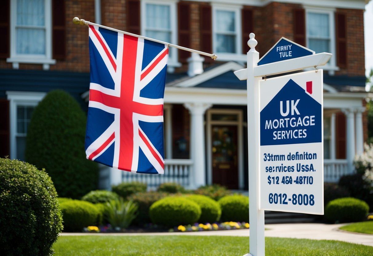 A British flag flying outside a traditional British-style home in the USA, with a sign advertising UK mortgage services