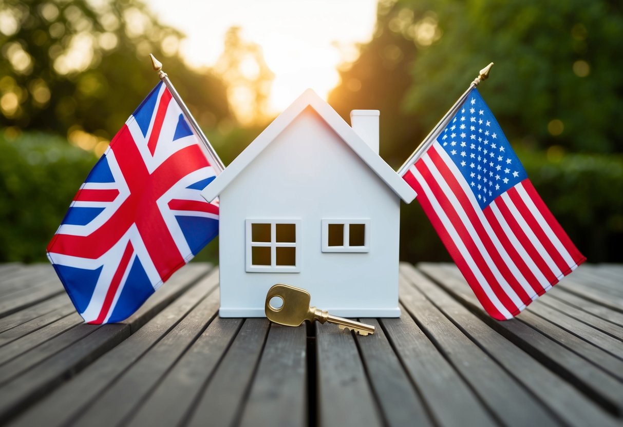 A British flag and an American flag side by side, with a house and a key symbolizing the concept of UK expats in the USA securing a UK mortgage