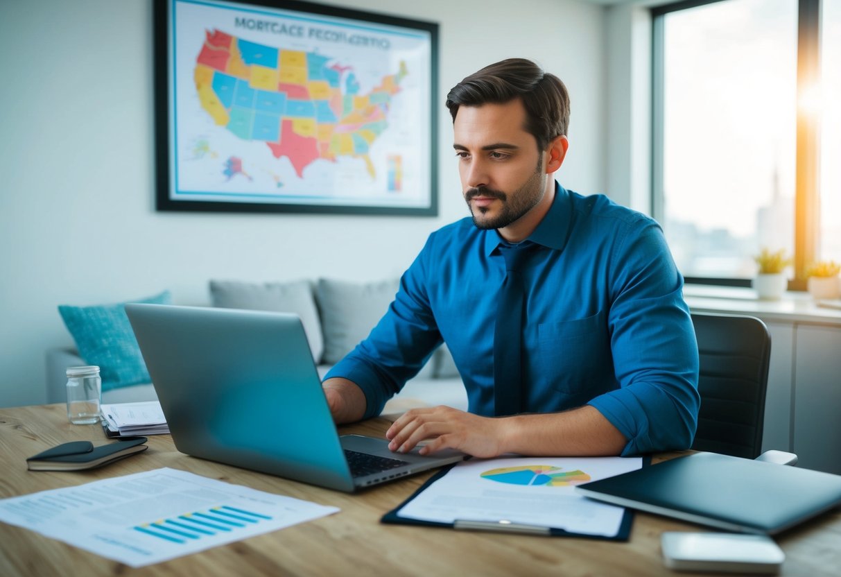 A UK expat in the USA researches mortgage regulations, surrounded by a map of the UK and USA, legal documents, and a laptop