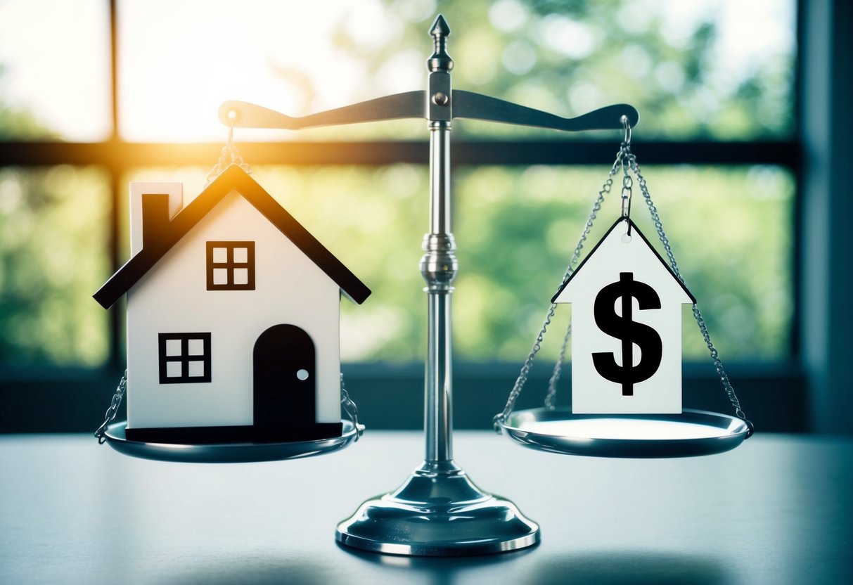 A scale with a house on one side and a dollar sign on the other, representing the comparison between fixed and variable rate mortgages for expats