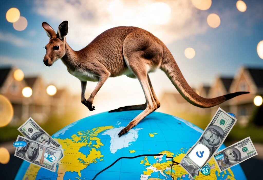 A kangaroo hopping over a globe, with a line connecting Australia and the UK, surrounded by houses and currency symbols