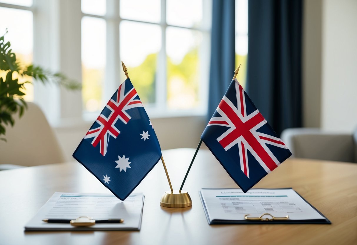 An Australian flag and a UK flag side by side with a credit report and a mortgage application form on a desk
