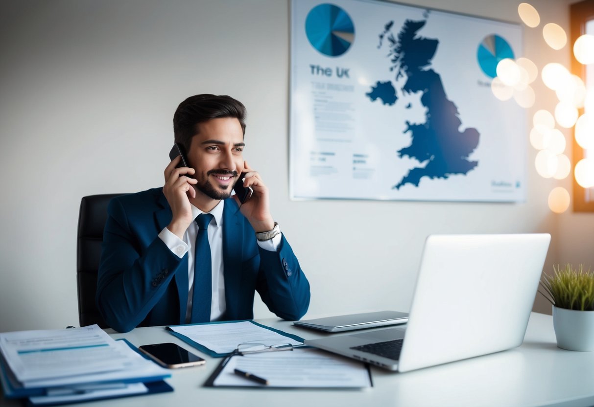 A person sitting at a desk, surrounded by paperwork and a laptop, speaking on the phone with a bank representative. A map of the UK hangs on the wall