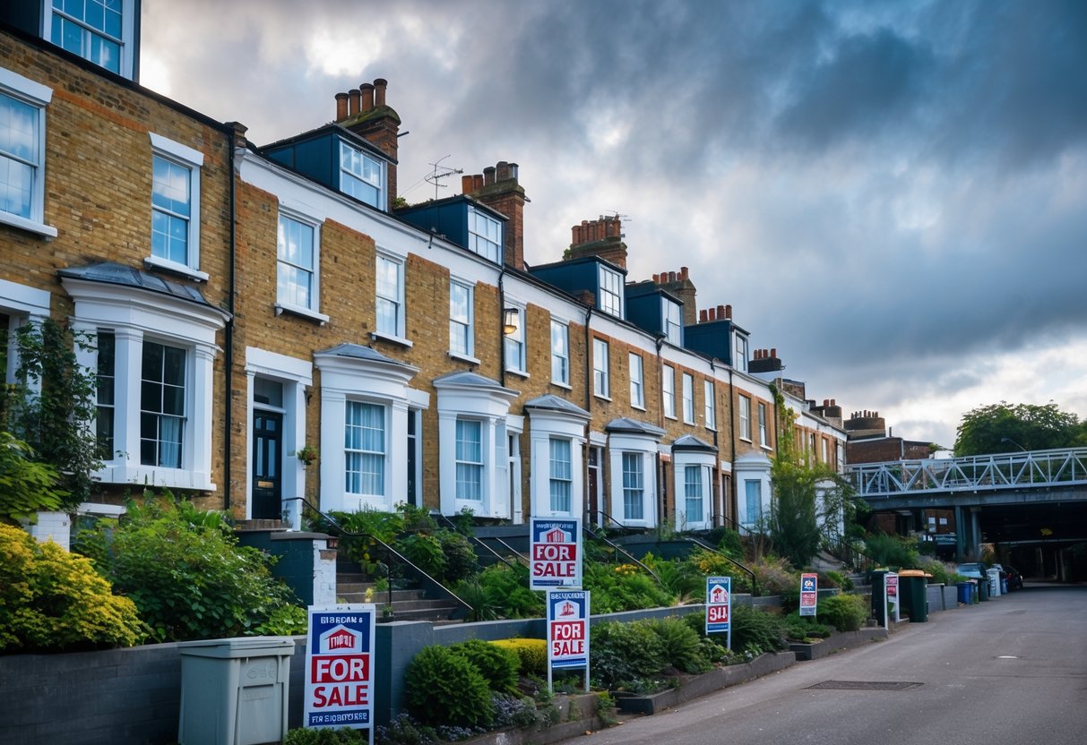A row of British townhouses with "For Sale" signs, surrounded by a mix of greenery and urban infrastructure, under a cloudy sky