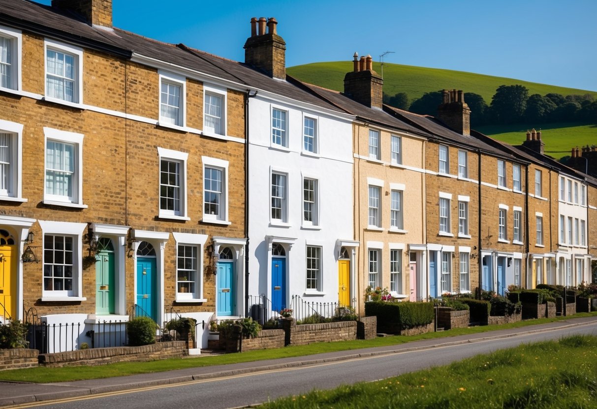 A row of charming British townhouses with colorful doors and window boxes, set against a backdrop of rolling green hills and a clear blue sky