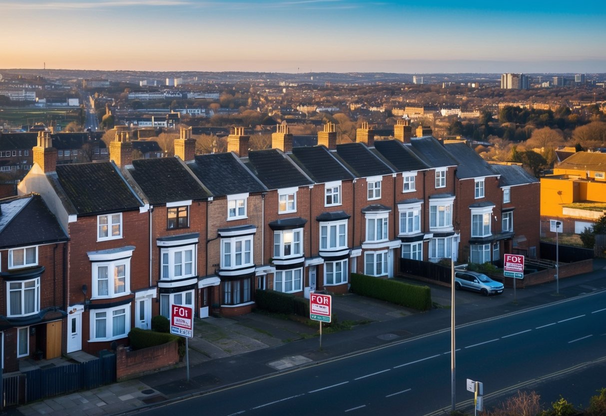 A row of terraced houses with "For Sale" signs, surrounded by a mix of urban and suburban landscapes, with a clear distinction between residential and commercial areas