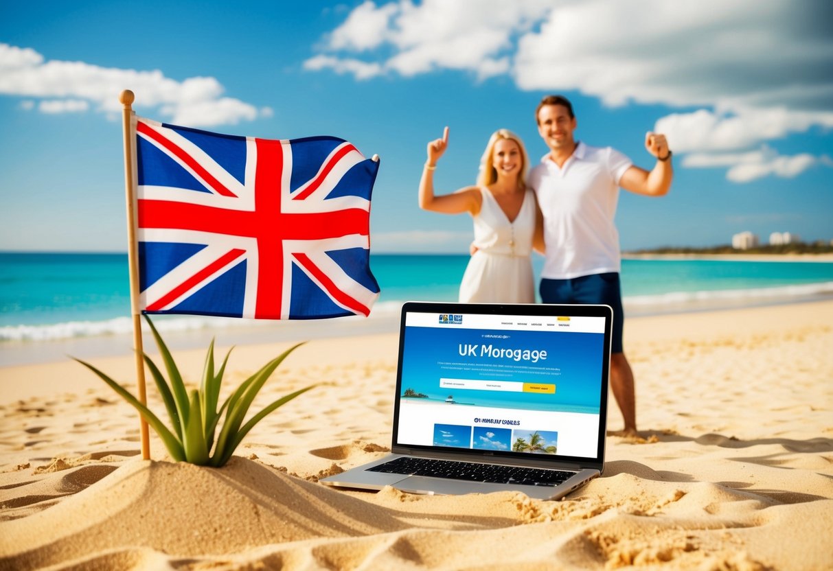 A sunny beach in Australia with a UK flag planted in the sand, a laptop showing a UK mortgage website, and a happy expat couple celebrating