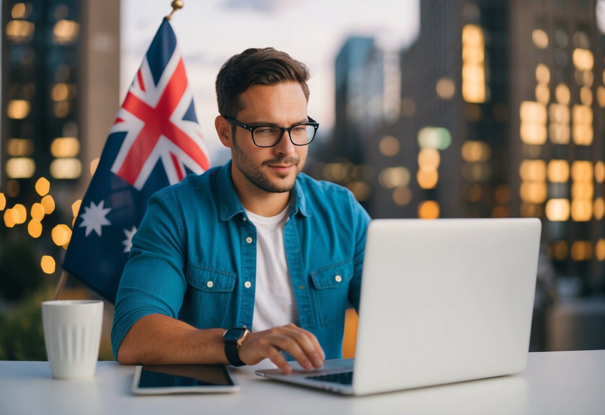A UK expat in Australia researching mortgage options online, with a laptop and UK flag in the background