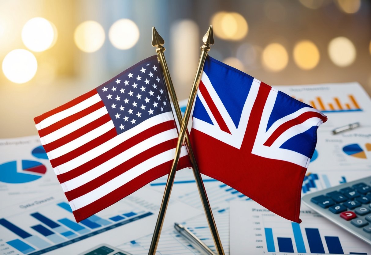 A USA and UK flag intertwined, surrounded by financial charts and graphs