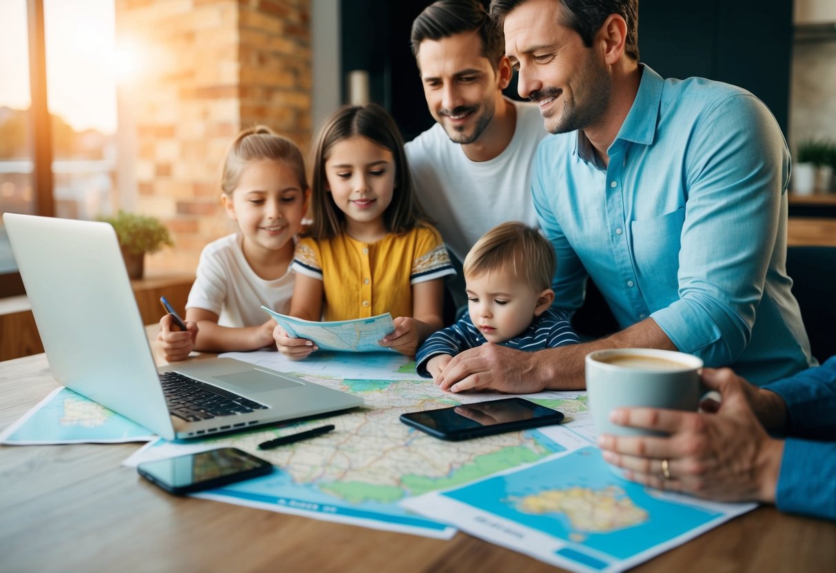A family in Australia researching UK properties online, surrounded by maps, a laptop, and a cup of coffee