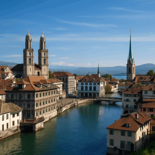 Zürich city skyline with the Limmat River and Grossmünster, representing one of the key locations where British expats in Switzerland live when applying for UK mortgages.