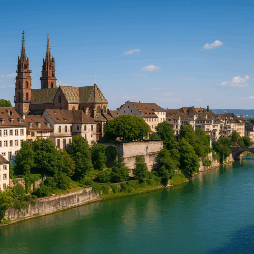 Basel’s old town and Basel Minster overlooking the Rhine River, a popular location for expats in Switzerland applying for UK mortgages.