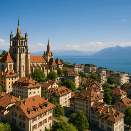Lausanne cathedral and Lake Geneva viewed from above, representing a key Swiss city where many British expats start their UK mortgage applications.
