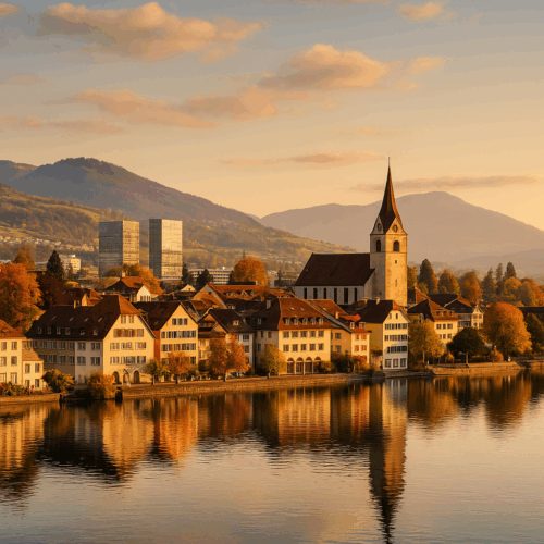 Lakeside view of Zug at sunset, reflecting a tax-efficient location for British expats in Switzerland arranging UK mortgages and buy-to-let investments.