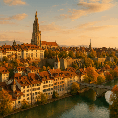 Bern’s historic old town and the Aare River at sunset, showing another major region where expats living in Switzerland apply for UK mortgages.