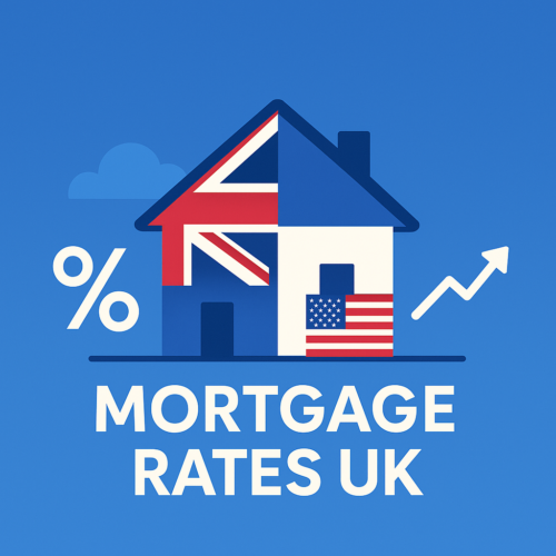 Flat design hero graphic showing a house with the UK and U.S. flags to represent UK mortgage rates for U.S. residents.