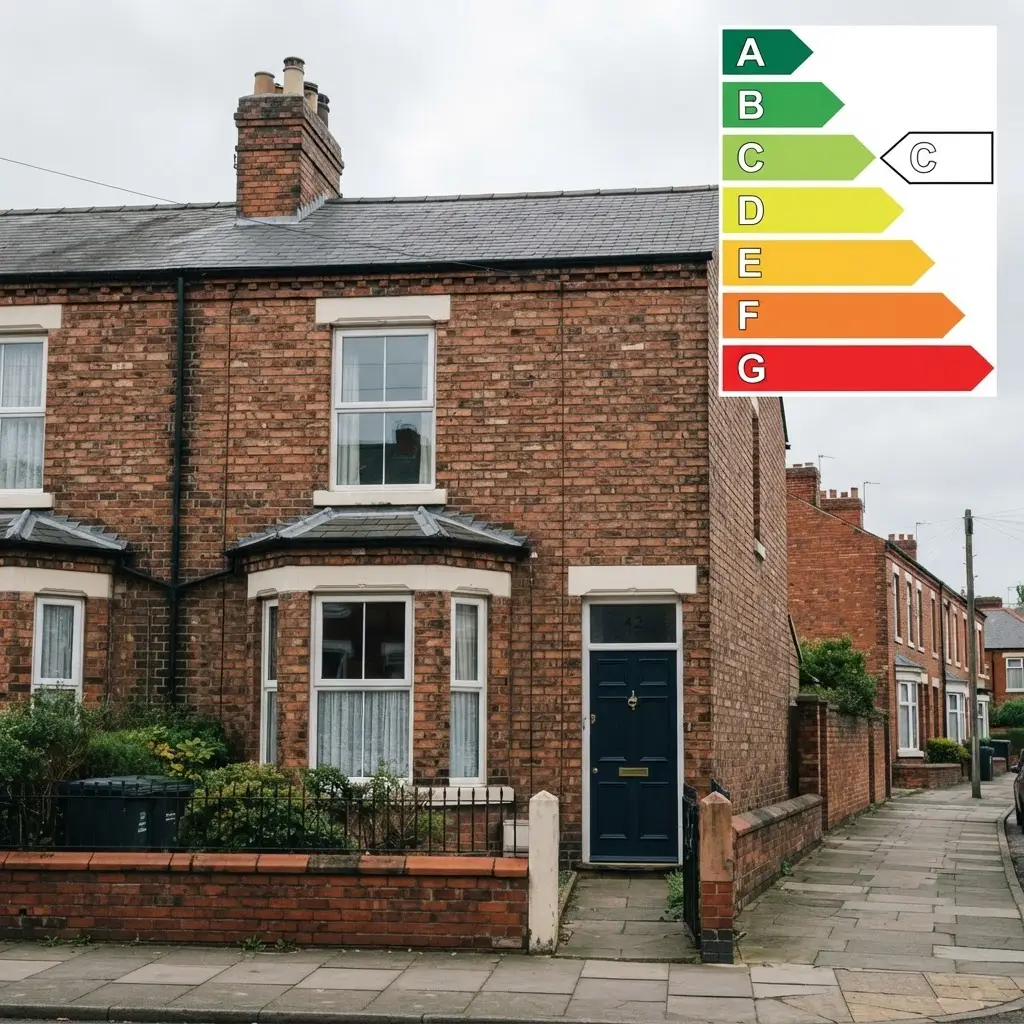EPC rating scale from A to G showing a UK rental property needing to reach EPC C by 2030