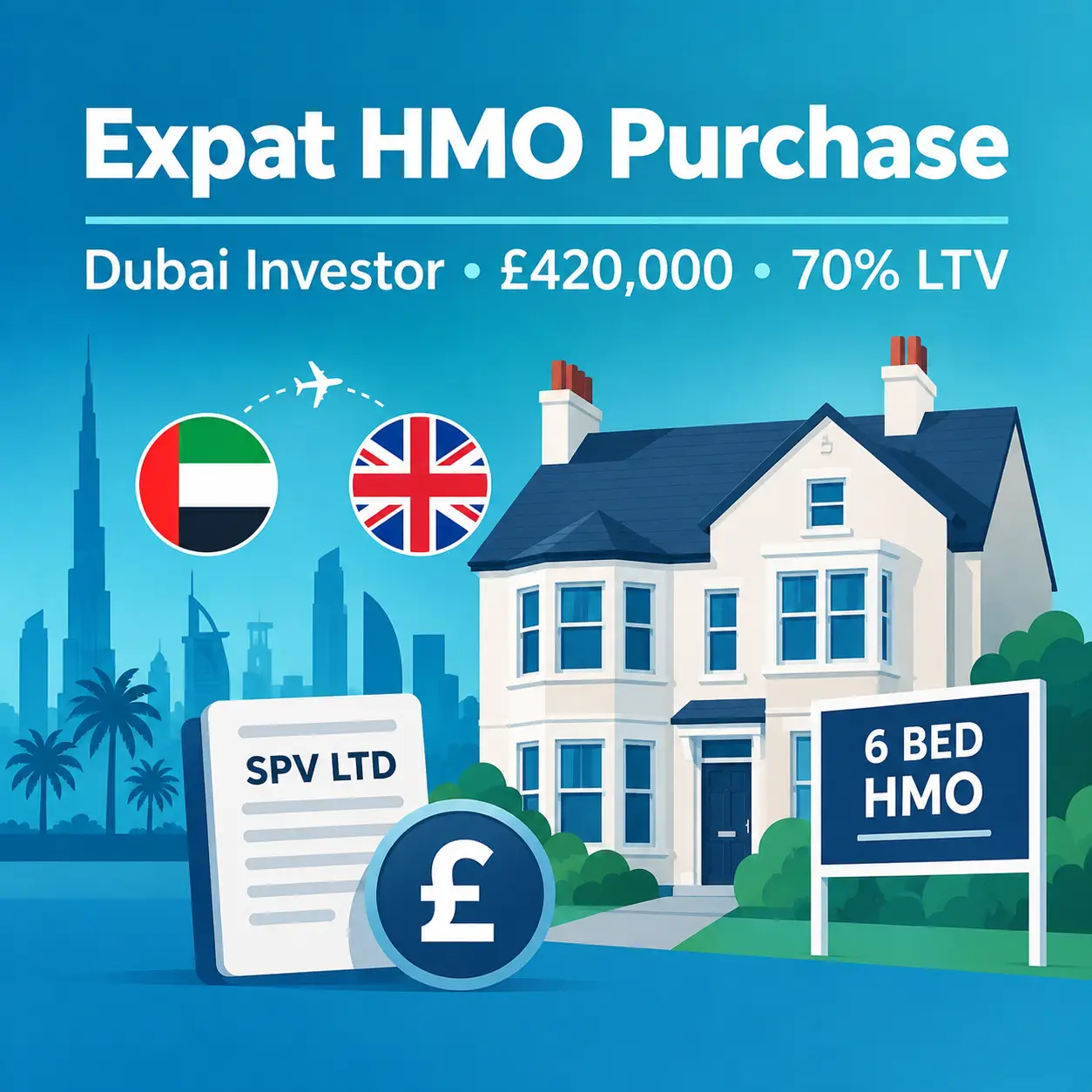 Expat HMO mortgage case study for a Dubai-based investor buying a £420,000 six-bedroom UK HMO through an SPV