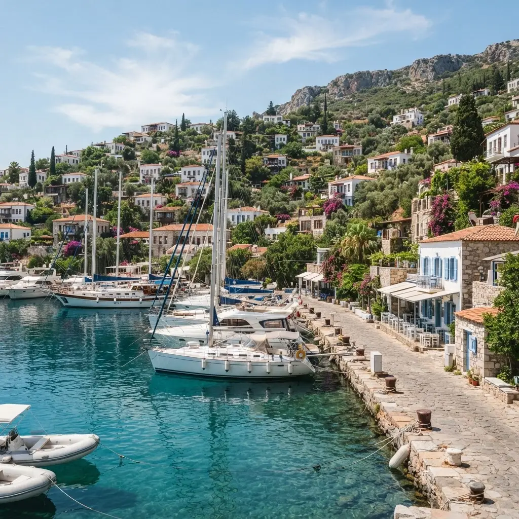 Marina and whitewashed hillside houses on Turkey's Aegean coast, an area popular with British expats and retirees