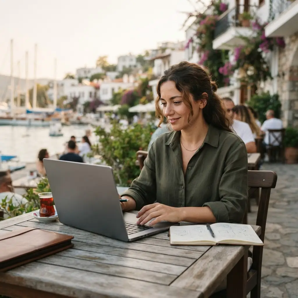 British expat in Turkey reviewing a UK mortgage application on a laptop with a Turkish coastal view