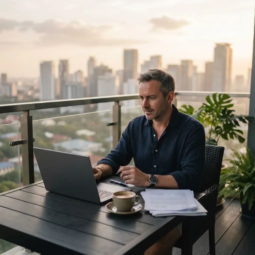 British Expat in Manila Reviewing UK Mortgage Options British expat in Manila reviewing UK mortgage options from his condominium